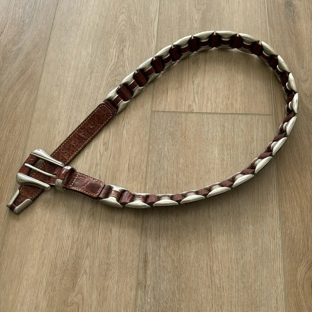 Vintage Leather Brown Unique Heavy Silvertone Embellished Woven Belt